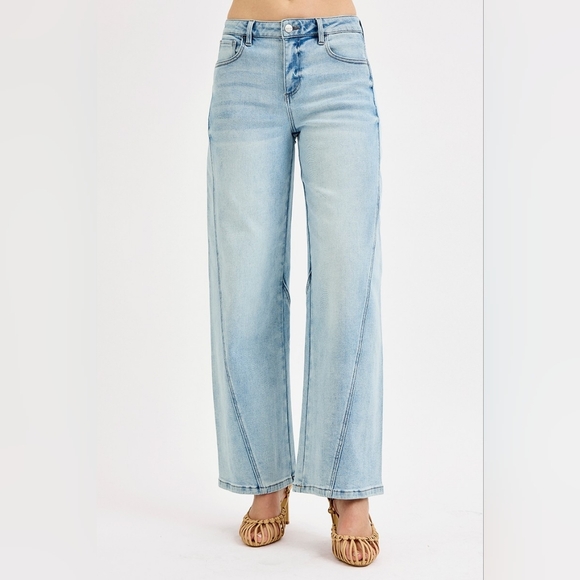 Risen Mid Rise Light Wash Barrel Jeans Wrap Seam Detail Stretch Various NEW - Picture 3 of 6